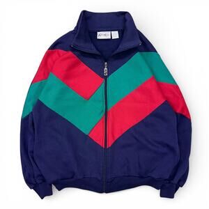 Vintage 80s Colorblock Full Zip Chevron Stripe Sweatshirt Navy Blue Teal Red M